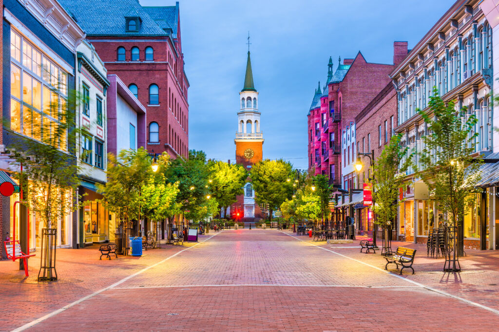 Church Street Marketplace in Burlington, Vermont, USA at dusk