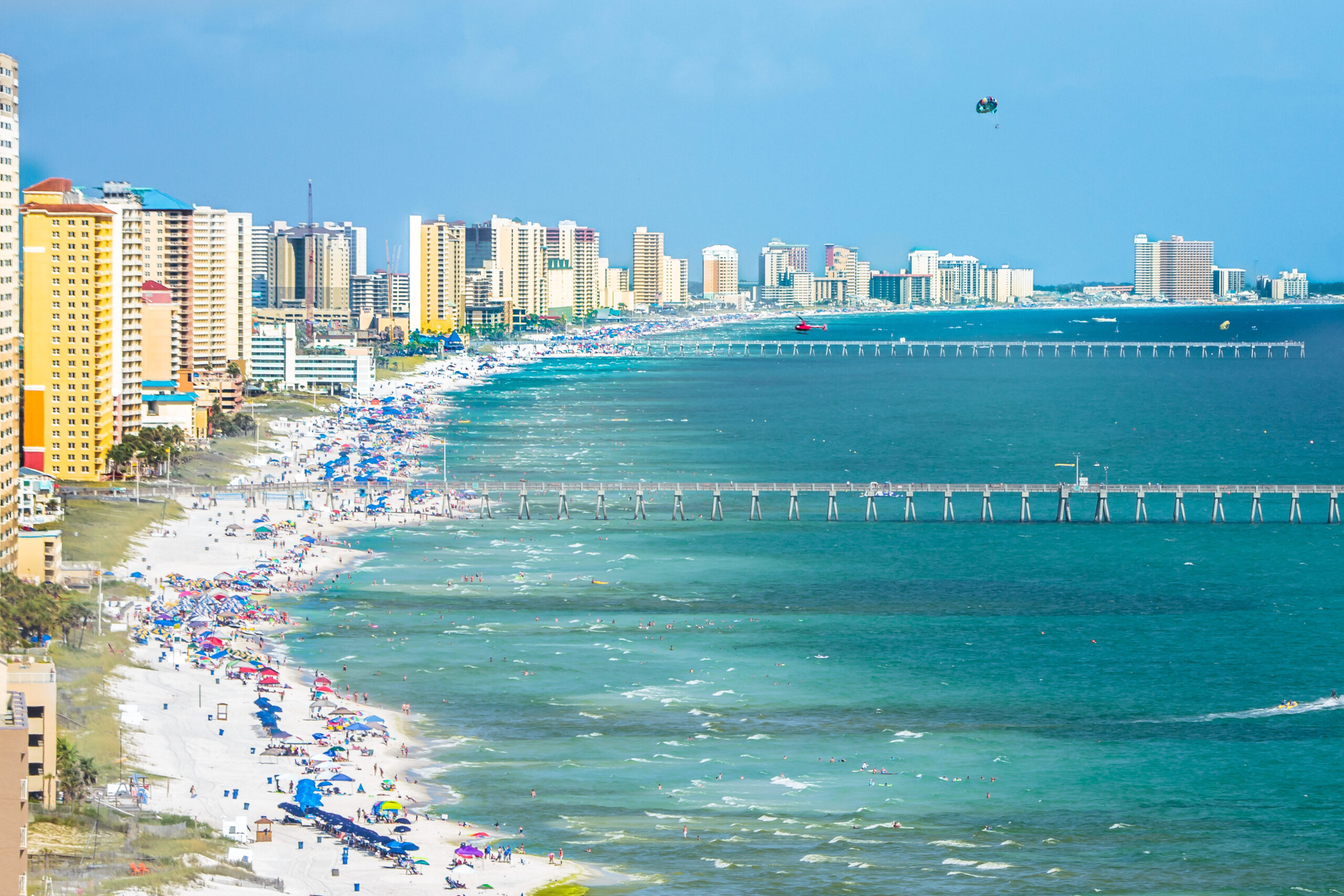 Aerial view of the coastline along Panama City Beach in Florida