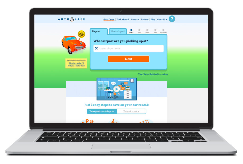 Illustration of laptop showing the car rental homepage of Autoslash