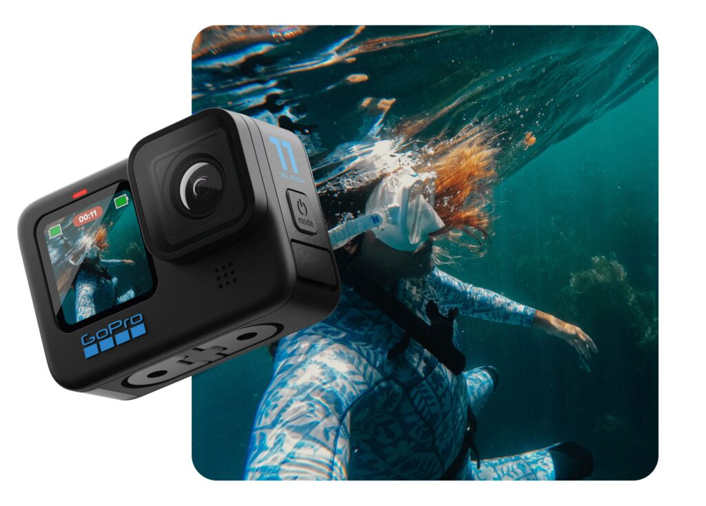 GoPro Hero 11 Mini superimposed on an image taken underwater with the GoPro Hero 11 Mini