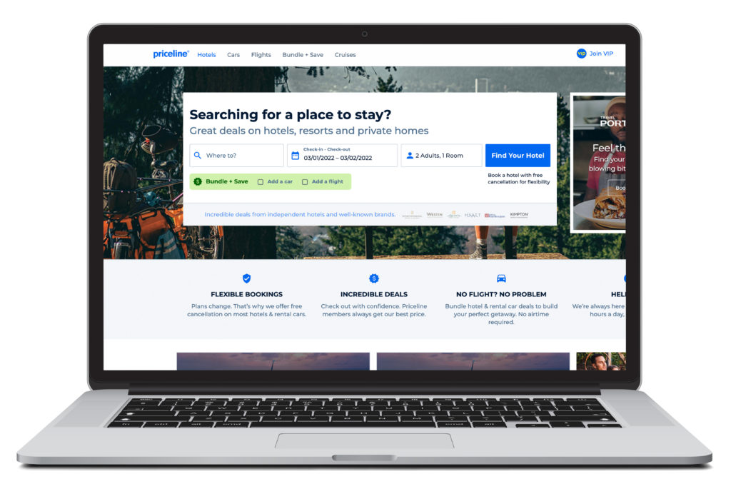 Open laptop showing home screen of Priceline, a site where you can book hotels