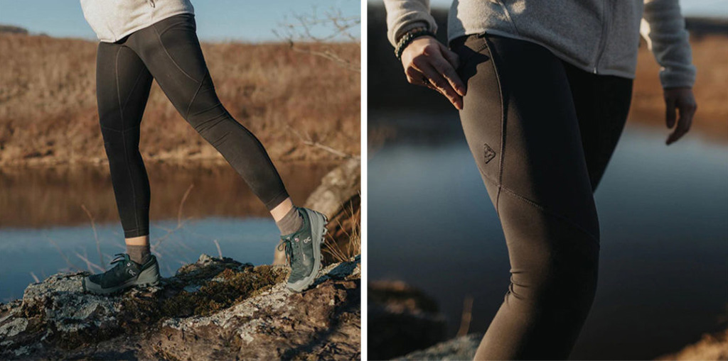 Two close up images of model wearing the LIVSN Design Trail Tights, a 2023 summer essential