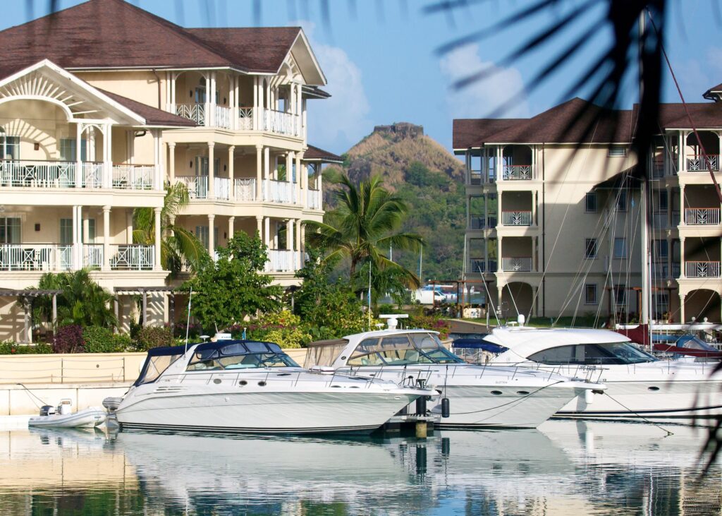 Boats docked in the private marina at The Landings Resort & Spa in Saint Lucia