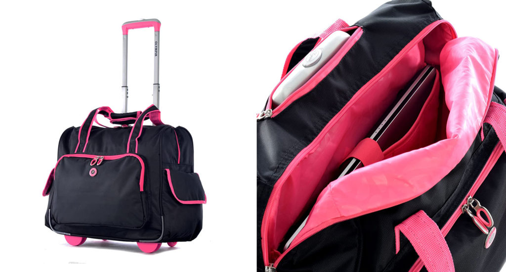 Two view of the Olympia Deluxe Fashion Rolling Overnighter in black with pink details