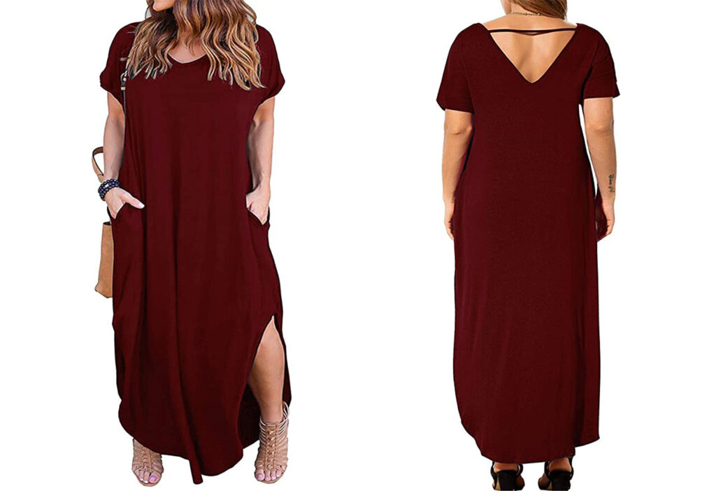 Model showing two angles of the HBEYYTO Women’s Plus Size Maxi Dress in maroon