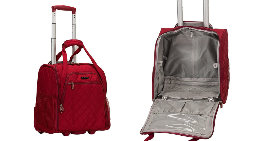 Two views of the Rockland Melrose Upright Wheeled Underseater in red