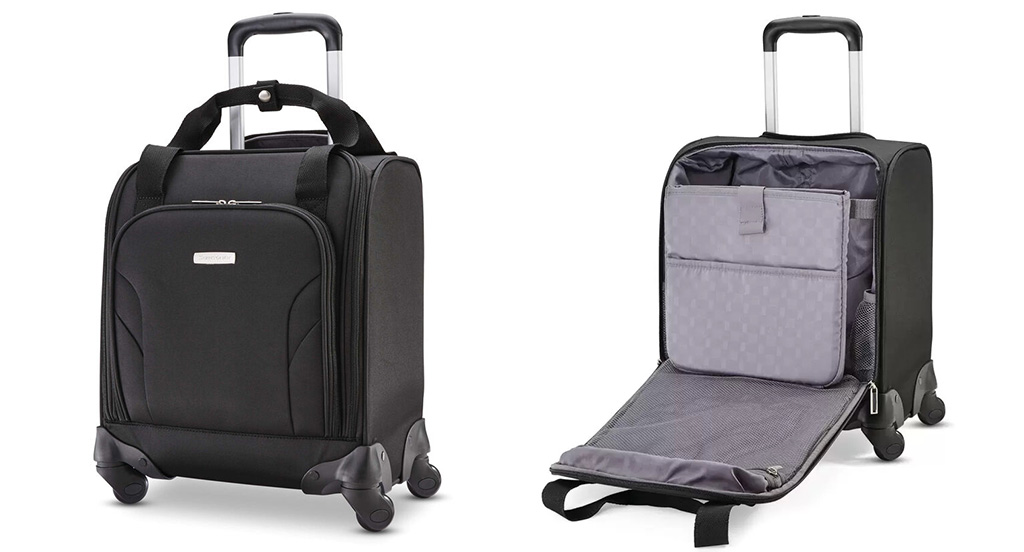 Two views, open and closed, of the Samsonite Spinner Underseater with USB Port in black