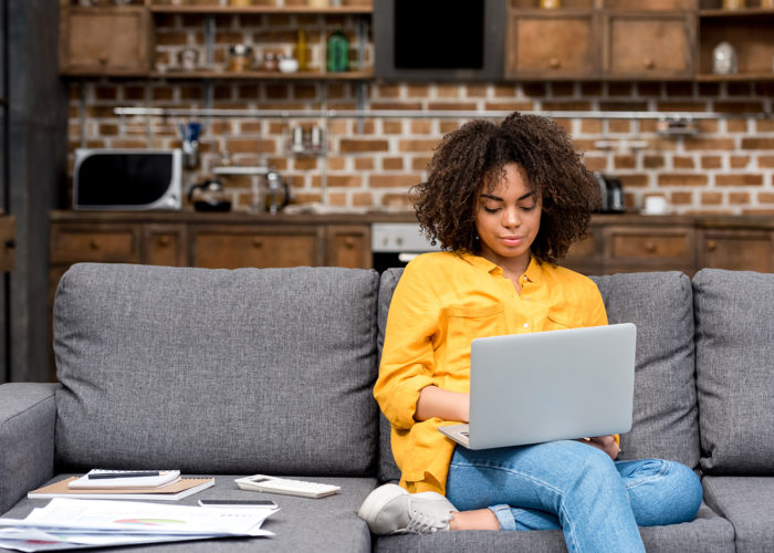 woman at home in work from home outfit