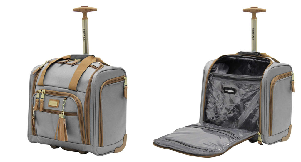 Two views, open and closed, of the Steve Madden Luggage Underseat Bag in grey and brown - an excellent underseat carry on for travel