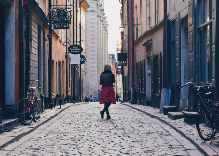 traveler on street in sweden.